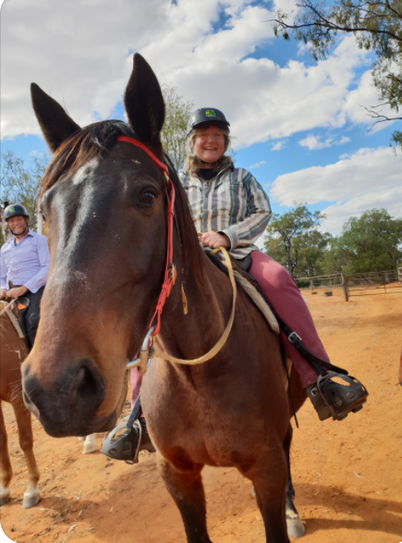 Picture of horse riding in the Capricorn coast region Stan the Standardbred horse with a rider at the beginning of the ride.  He is up close to the camera you might even think he's posing. 