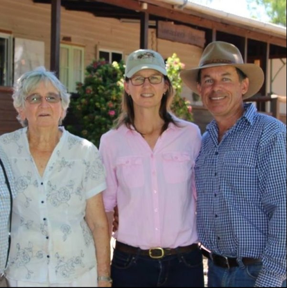 Picture of Olive and Lyn Eather and her Partner Carl Hendrick infront of Torenbeek Place which is the original homestead and now used as accommodation at Myella Farm Stay