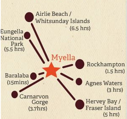 Picture of Map where Myella is only 3.7hrs from Carnarvon Gorge